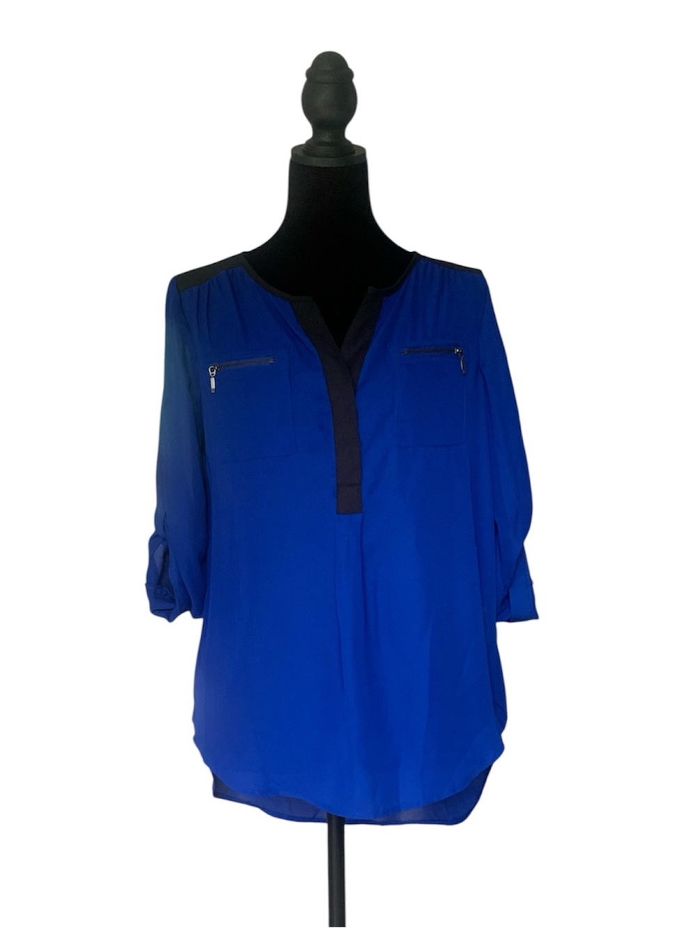My Michelle Cobalt Blue 3/4 Sleeve Blouse with Zipper Pockets size small